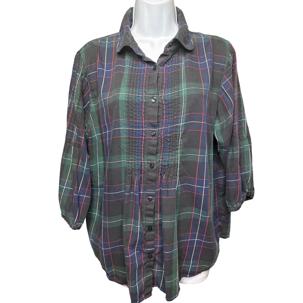 GAP Womens Green Plaid Button Up Blouse XL Pintuck Academia Preppy Classic Girly